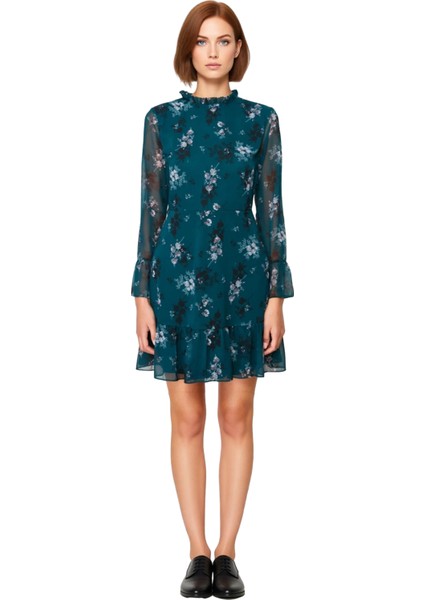 Kadın Şifon A Line Dik Yaka Fırfır Detaylı Uzun Ispanyol Kollu Çiçek Desenli Mini Elbise Kaliteli fiyatları