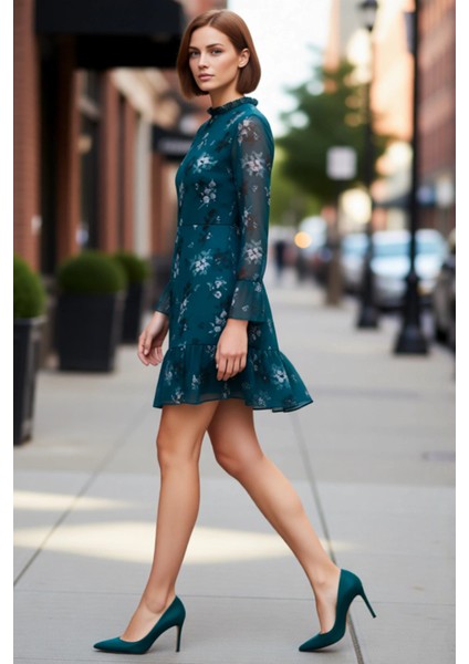 Kadın Şifon A Line Dik Yaka Fırfır Detaylı Uzun Ispanyol Kollu Çiçek Desenli Mini Elbise Kaliteli fırsatları