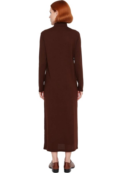 Kadın Düz Desen Triko Maxi Elbise A Kesim Dik Yaka Uzun Standart Kollu Akrilik Kışlık Şık Konforlu modelleri