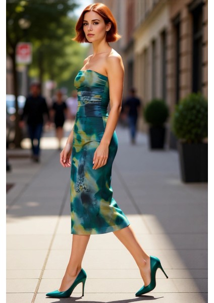 Kadın Yazlık Bodycon Midi Elbise Çok Renkli Soyut Desenli Tül Straplez Kolsuz Şık Gece Partisi fırsatları