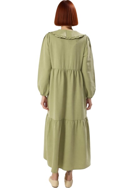 Kadın Keten Görünümlü Dokuma Maxi Elbise Bebe Yaka Balon Kol Nakış Detaylı Rahat Şık Tasarım fiyatları