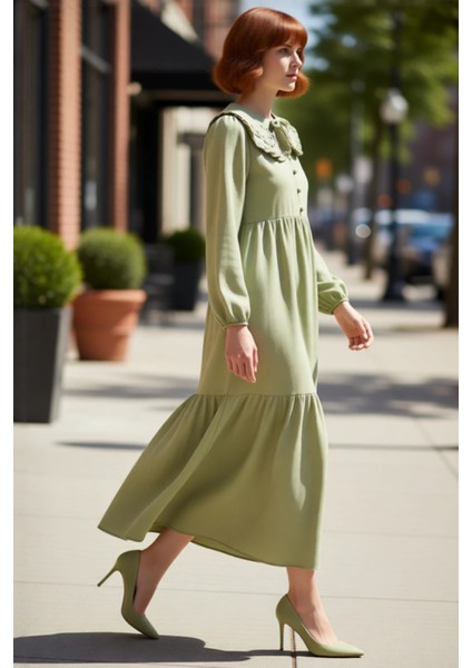 Kadın Keten Görünümlü Dokuma Maxi Elbise Bebe Yaka Balon Kol Nakış Detaylı Rahat Şık Tasarım modelleri