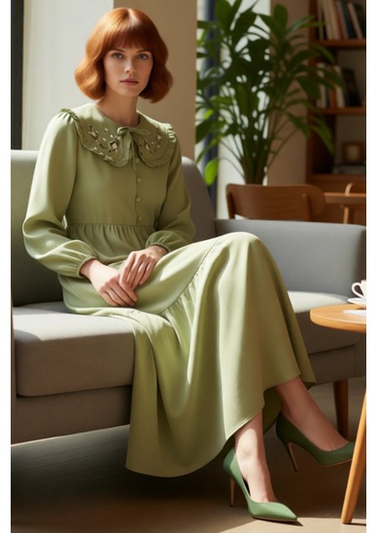 Kadın Keten Görünümlü Dokuma Maxi Elbise Bebe Yaka Balon Kol Nakış Detaylı Rahat Şık Tasarım fırsatları