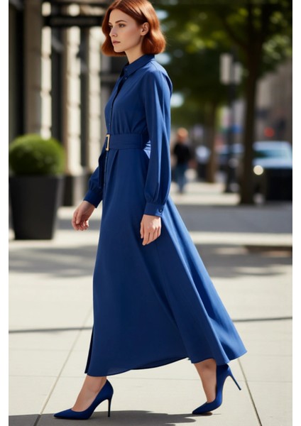 Kadın Tesettür Giyim Dokuma Kumaş Uzun Kollu Kuşaklı Maxi Boy Gömlek Elbise Iş ve Özel Davetler Için modelleri