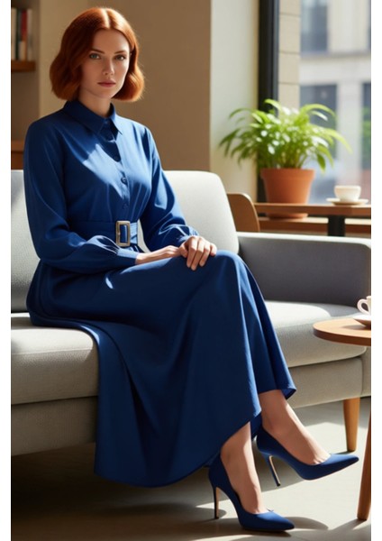 Kadın Tesettür Giyim Dokuma Kumaş Uzun Kollu Kuşaklı Maxi Boy Gömlek Elbise Iş ve Özel Davetler Için fırsatları