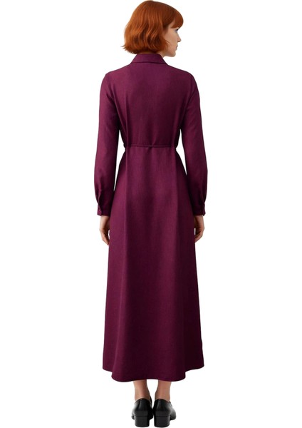 Kadın Casual Astarsız Keten Görünümlü Gömlek Yaka A Line Maxi Tesettür Dokuma Elbise Kaliteli modelleri