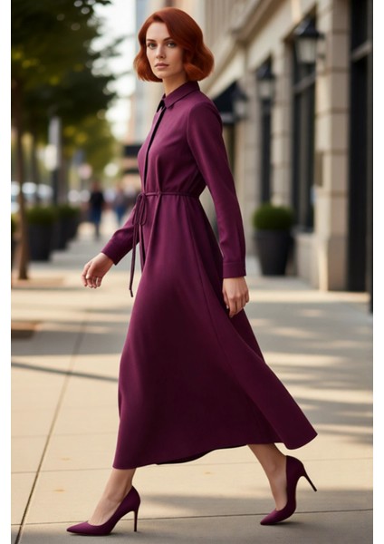 Kadın Casual Astarsız Keten Görünümlü Gömlek Yaka A Line Maxi Tesettür Dokuma Elbise Kaliteli fırsatları