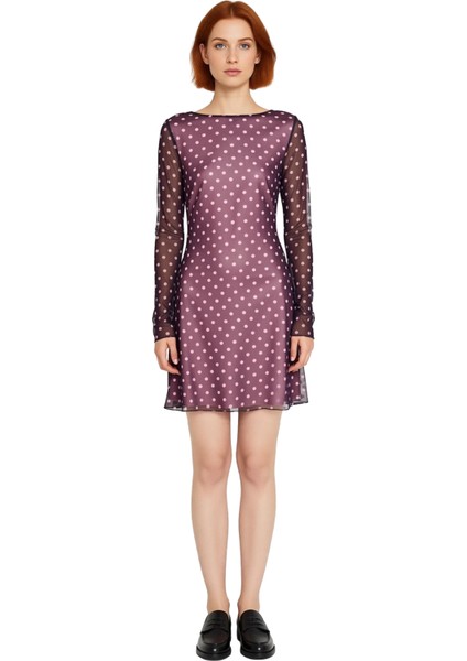 Kadın Puantiyeli Tül Mini Elbise Bodycon Kalıp Kayık Yaka Uzun Kol Rahat Şık Günlük Stile Uygun