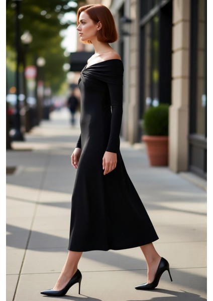 Kadın Carmen Yaka Düşük Kollu Uzun Maxi Örme Elbise Siyah A Line Kesim Büzgü Detaylarıyla Kaliteli modelleri