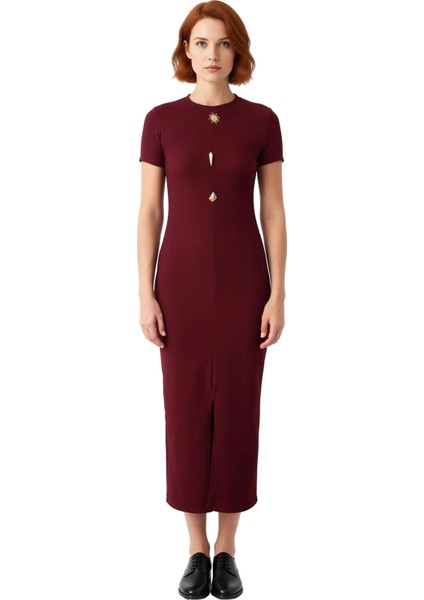 Kadın Kısa Kollu Düz Desen Bodycon Elbise Bisiklet Yaka Ottoman Örme Midi Boy Günlük Stile Uygun