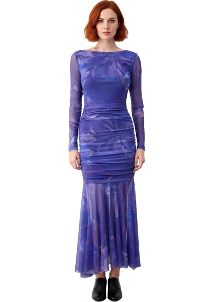 Kadın Astarlı Büzgülü Tül Örme Balık Maxi Elbise Kayık Yaka Standart Kol Şık Kokteyl Kaliteli fiyatları