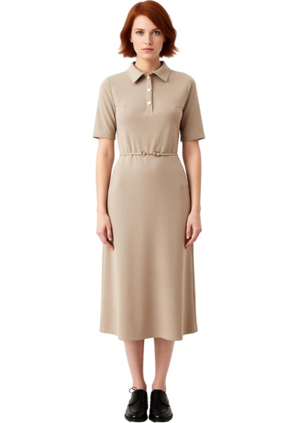 Kadın A Line Midi Elbise Polo Yaka Kemer Detaylı Yarım Pat Düğmeli Standart Kollu Interlok Şıklığı