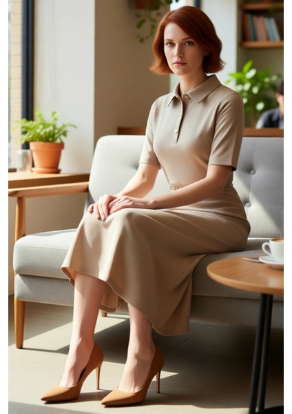 Kadın A Line Midi Elbise Polo Yaka Kemer Detaylı Yarım Pat Düğmeli Standart Kollu Interlok Şıklığı fırsatları