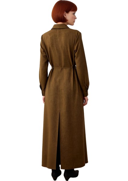 Kadın Casual Astarsız Keten Görünümlü Gömlek Yaka A Line Maxi Tesettür Dokuma Elbise Kaliteli modelleri