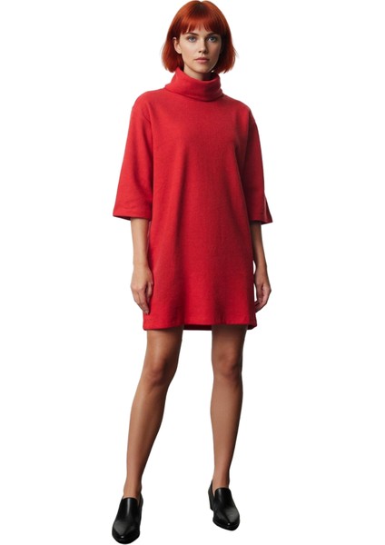 Kadın Düz Desen Balıkçı Yaka Örme Elbise Shift Kalıp Düşük Truvakar Kol Kış Sezonu Için Ideal Mini