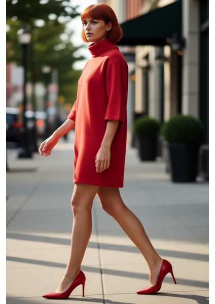 Kadın Düz Desen Balıkçı Yaka Örme Elbise Shift Kalıp Düşük Truvakar Kol Kış Sezonu Için Ideal Mini modelleri