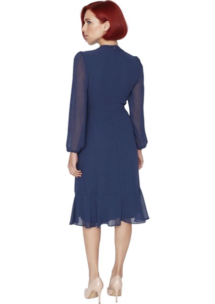 Kadın Zarif A Kesim Uzun Kollu Dik Yaka Astarlı Şifon Dokuma Midi Boy Düz Elbise Kaliteli Şık fiyatları