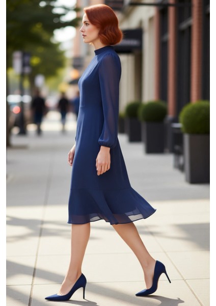 Kadın Zarif A Kesim Uzun Kollu Dik Yaka Astarlı Şifon Dokuma Midi Boy Düz Elbise Kaliteli Şık modelleri