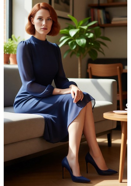 Kadın Zarif A Kesim Uzun Kollu Dik Yaka Astarlı Şifon Dokuma Midi Boy Düz Elbise Kaliteli Şık fırsatları