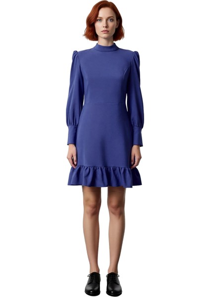 Kadın Lacivert A Kesim Dokuma Elbise Dik Yaka Balon Kollu Mini Boy Sonbahar Kış Ofis Stili