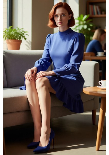 Kadın Lacivert A Kesim Dokuma Elbise Dik Yaka Balon Kollu Mini Boy Sonbahar Kış Ofis Stili fırsatları