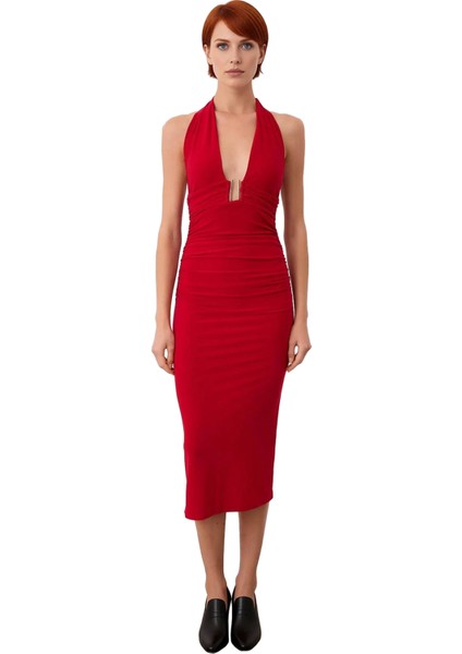 Kadın Özel Davetler Için Boyundan Bağlamalı Midi Kolsuz Bodycon Örme Şık Elbise Aksesuarlı fiyatları