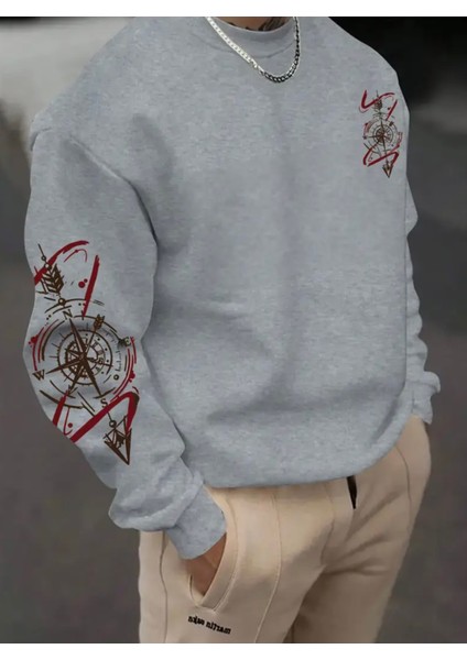 Büyük Beden Özel Tasarım Pusula Kol Göğüs Baskılı %100 Pamuk Oversize Trend Erkek Sweatshırt