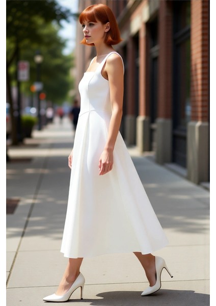 Kadın Abiye Kokteyl Elbisesi Skater Kalıp Kare Yaka Kalın Askılı Midi Dokuma Saten Şık Kaliteli fırsatları