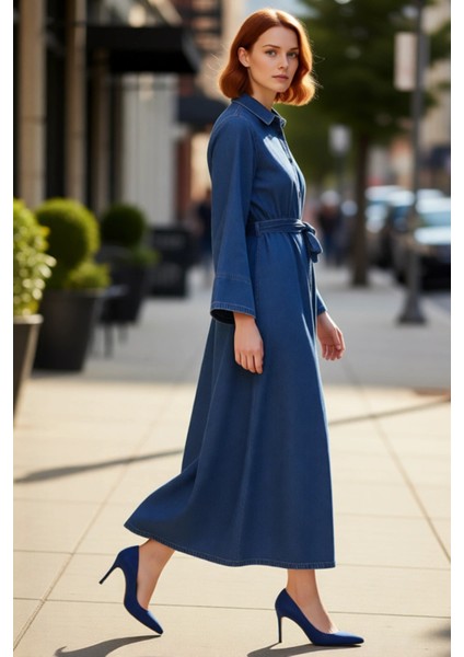 Kadın Düz Desen Kuşaklı Maxi Denim Gömlek Elbise Uzun Melek Kol Yaka %100 Pamuk Günlük modelleri
