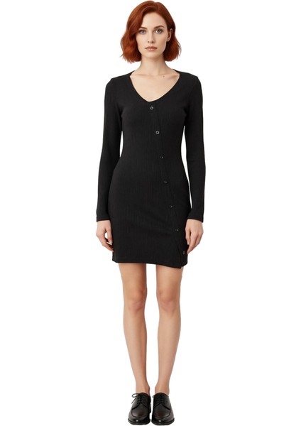 Kadın Uzun Kollu V Yaka Bodycon Kesim Asimetrik Düğmeli Örme Mini Elbise Şık ve Konforlu Kaliteli