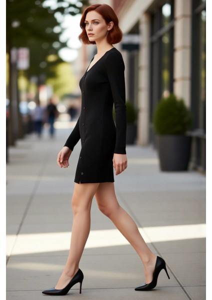 Kadın Uzun Kollu V Yaka Bodycon Kesim Asimetrik Düğmeli Örme Mini Elbise Şık ve Konforlu Kaliteli modelleri