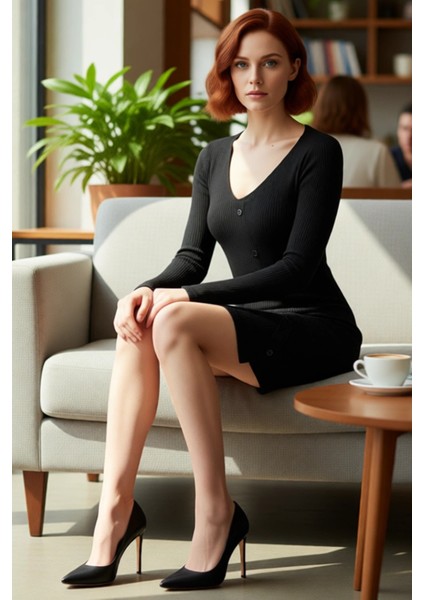 Kadın Uzun Kollu V Yaka Bodycon Kesim Asimetrik Düğmeli Örme Mini Elbise Şık ve Konforlu Kaliteli fırsatları