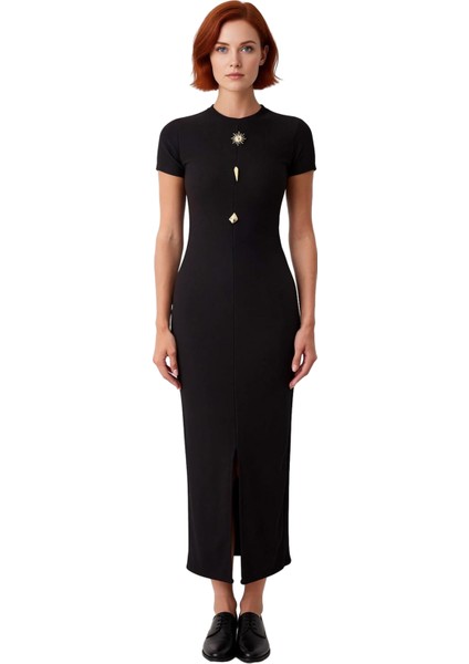 Kadın Kısa Kollu Düz Desen Bodycon Elbise Bisiklet Yaka Ottoman Örme Midi Boy Günlük Stile Uygun