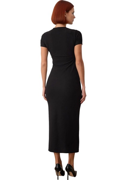 Kadın Kısa Kollu Düz Desen Bodycon Elbise Bisiklet Yaka Ottoman Örme Midi Boy Günlük Stile Uygun fiyatları