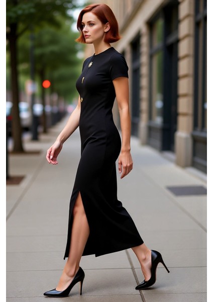 Kadın Kısa Kollu Düz Desen Bodycon Elbise Bisiklet Yaka Ottoman Örme Midi Boy Günlük Stile Uygun modelleri