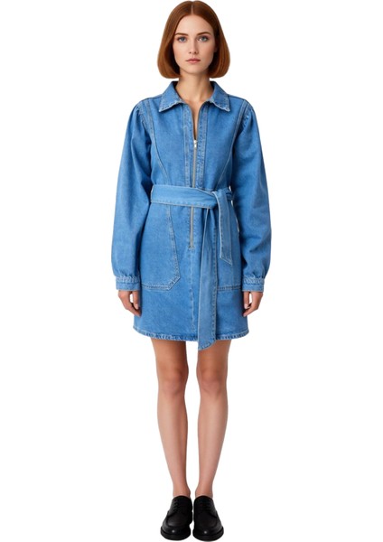 Kadın Denim Ceket Elbise Kuşak Detaylı Fermuarlı Gömlek Yaka Balon Kol Mini Boy Modern Tasarım