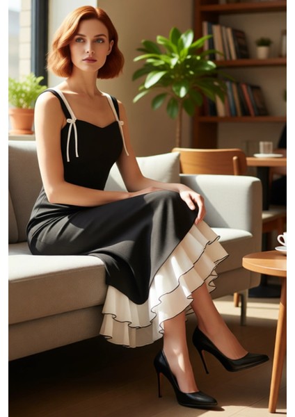 Kadın Dokuma Kumaş Kalp Yaka Balık Kesim Ince Askılı Fiyonk Detaylı Abiye Elbise Şık Akşam Yemekleri