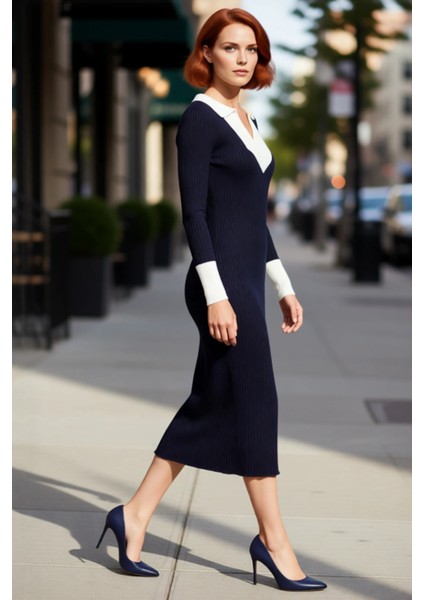 Kadın Uzun Kollu Triko Midi Elbise Polo Yaka Renk Bloklu Bodycon Kesim Günlük ve Ofis Şıklığı modelleri