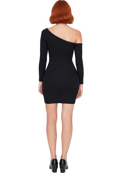 Kadın Omzu Açık Asimetrik Yaka Bodycon Uzun Kollu Mini Fitilli Örme Kışlık Elbise Modern Kaliteli fiyatları