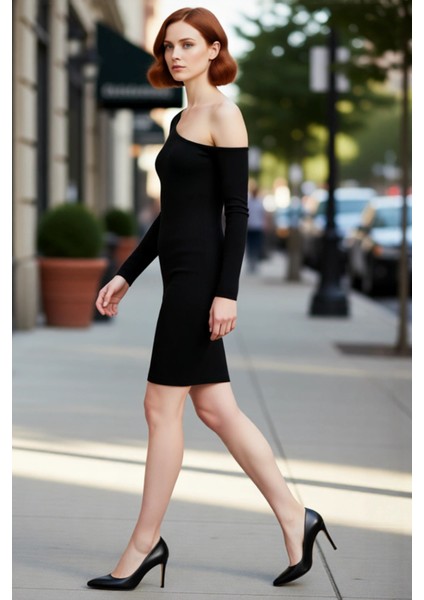 Kadın Omzu Açık Asimetrik Yaka Bodycon Uzun Kollu Mini Fitilli Örme Kışlık Elbise Modern Kaliteli modelleri
