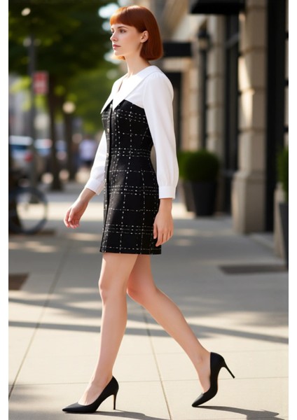 Kadın A Kesim Tüvit Kareli Gömlek Yaka Uzun Balon Kollu Düğmeli Mini Elbise Kış Modasına Şık modelleri