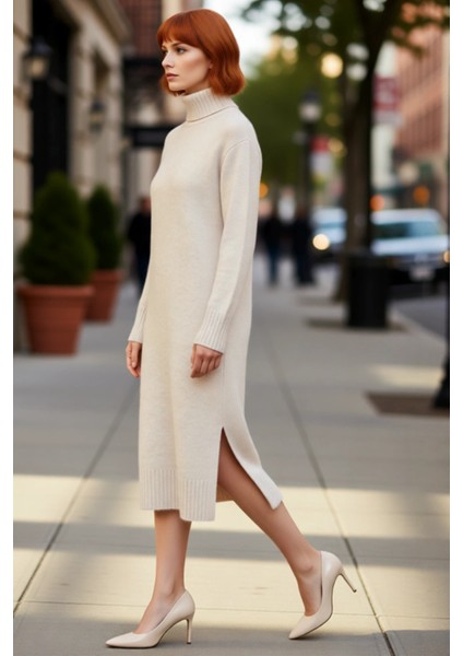 Kadın Midi Boy Triko Elbise Balıkçı Yaka Düz Desen Soğuk Havalar Için Şık ve Rahat Seçim Kaliteli modelleri