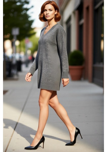 Kadın Düz Desen Mini Boy Triko Kazak Elbise Rahat Kesim V Yaka Kış Sezonu Için Mükemmel Kaliteli modelleri