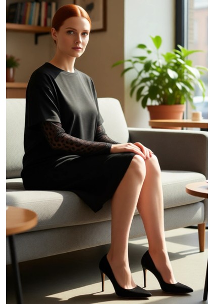 Kadın Rahat Kesim Bisiklet Yaka Büyük Beden Elbise Tül Kol Detaylı Süprem Örme Şıklığı Kaliteli fırsatları