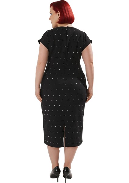 Kadın Büyük Beden Modern Şık Taş Detaylı Parti Elbisesi Kayık Yaka Düşük Kol Dokuma Midi Boy Tasarım fiyatları