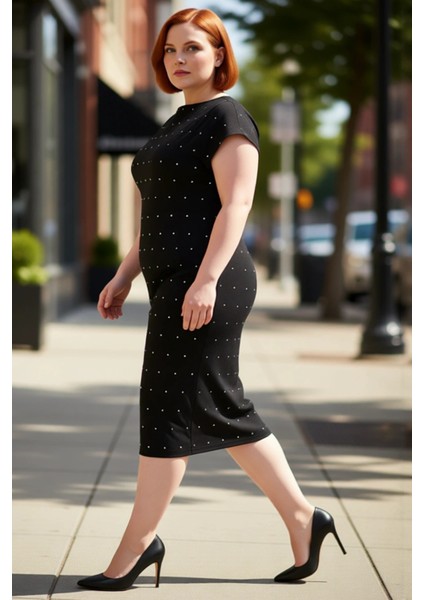 Kadın Büyük Beden Modern Şık Taş Detaylı Parti Elbisesi Kayık Yaka Düşük Kol Dokuma Midi Boy Tasarım modelleri