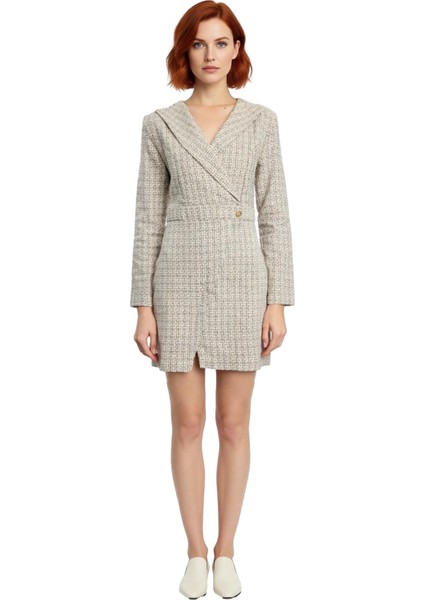 Kadınlar Için Ofis Stili Ekose Desenli Ceket Yaka Uzun Kollu Dokuma Elbise %100 Pamuk Kışlık fiyatları