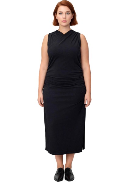 Kadın Günlük Kruvaze Yaka Yanları Büzgülü Kolsuz Maxi Büyük Beden Örme Kumaş Zarif Shift Kalıp fiyatları