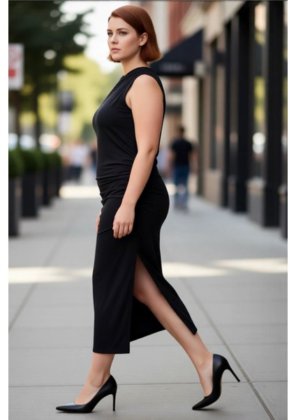 Kadın Günlük Kruvaze Yaka Yanları Büzgülü Kolsuz Maxi Büyük Beden Örme Kumaş Zarif Shift Kalıp fırsatları