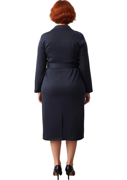 Kadın Büyük Beden Lacivert Kuşaklı Gabardin Dokuma Uzun Kol Gömlek Yaka Fermuarlı Midi Boy Elbise fırsatları